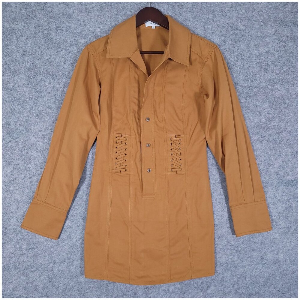 A.L.C. Paisley Lace Up Mini Shirt Dress Size 4 Tan Japanese Cotton Hemp $495